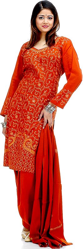 Rust Needle Embroidered Salwar Suit with Shawl