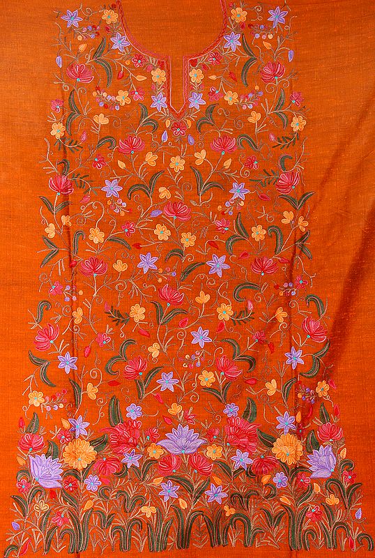 Rust Salwar Kameez Fabric from Kashmir with Floral Aari Embroidery