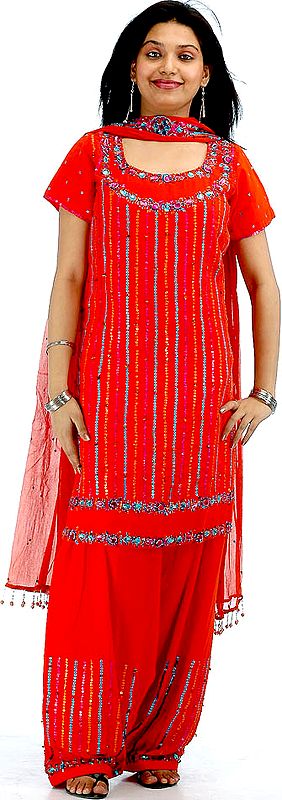 Rust Salwar Kameez with Sequins and Beads All-Over