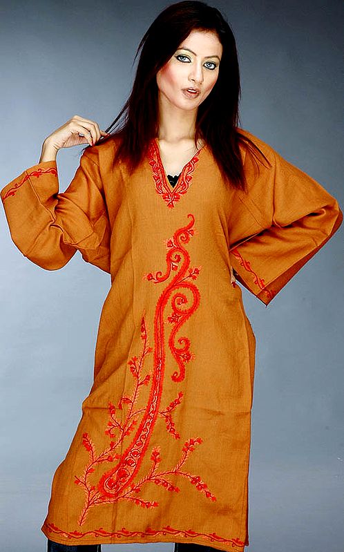 Rust-Brown Kashmiri Phiran with Aari Embroidery