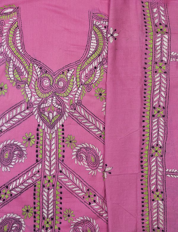 Sachet-Pink Salwar Kameez Fabric with Kantha Stiched Embroidered Paisleys by Hand