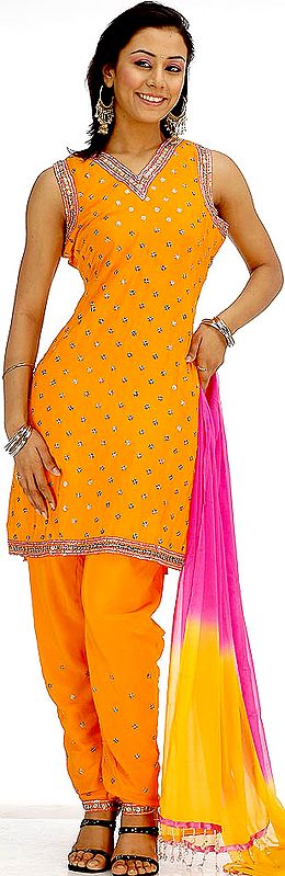 Safety-Orange Choodidaar Suit with Beaded Bootis and Sequins