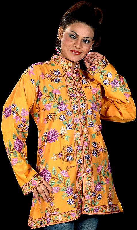 Saffron Crewel Jacket with Floral Embroidery All-Over