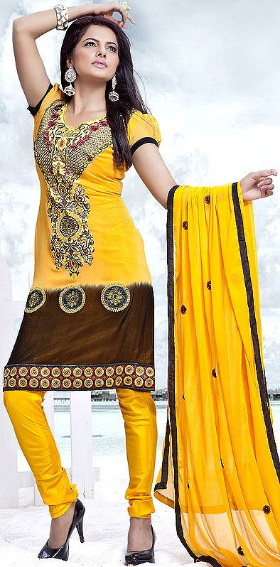 Saffron-Yellow Choodidaar Kameez Suit with Crewel Embroidered Flowers on Neck and Patch Border