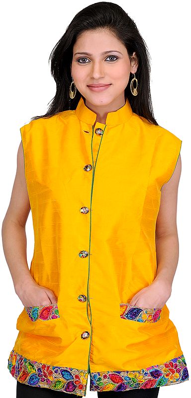 Saffron-Yellow Waistcoat with Embroidered Patch Border