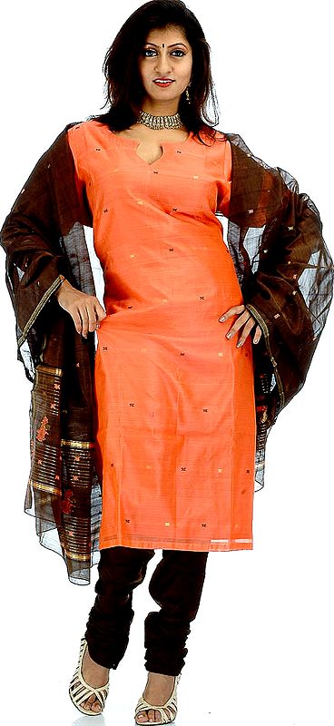 Salmon and Coffee Chanderi Suit with All-Over Bootis