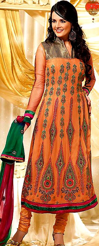Salmon Choodidaar Designer Suit with Embroidered Paisleys, Sequins and Patch Border