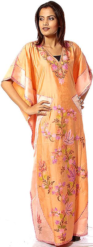Salmon Kaftan from Kashmir with Embroidered Maple Leaves