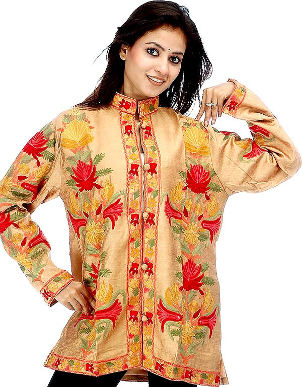 Sandy Brown Kashmiri Jacket with Embroidered Flowers