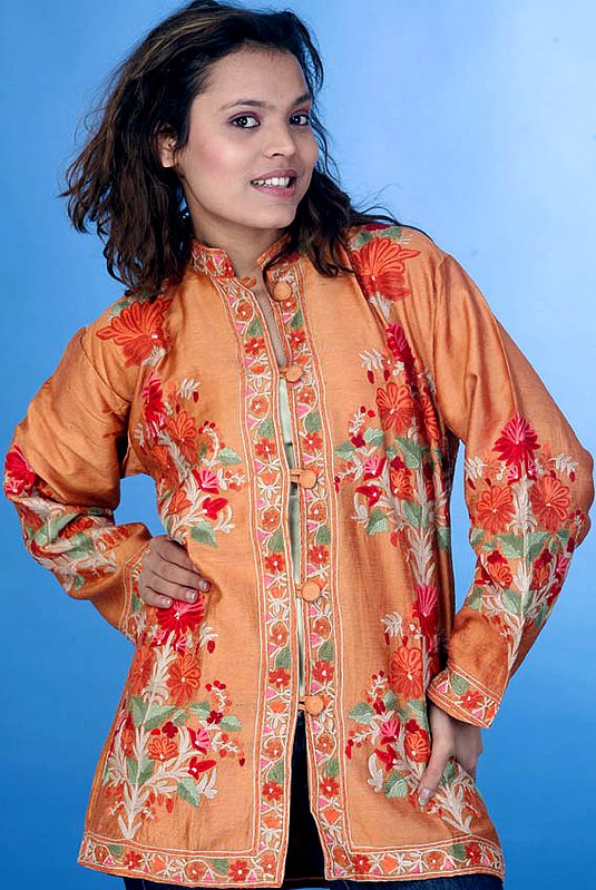 Sandy-Brown Jacket with Floral Embroidery