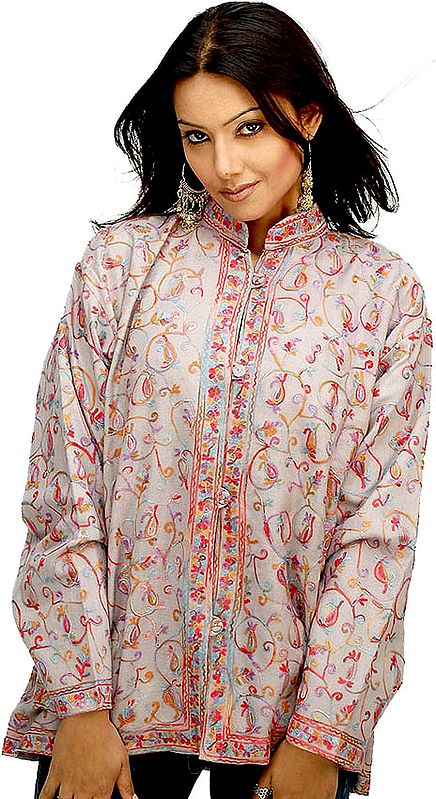 Sandy-Brown Kashmiri Jacket with Multi-Color Embroidery