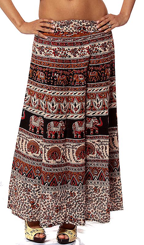 Sanganeri Wrap-Around Skirt with Printed Elephants