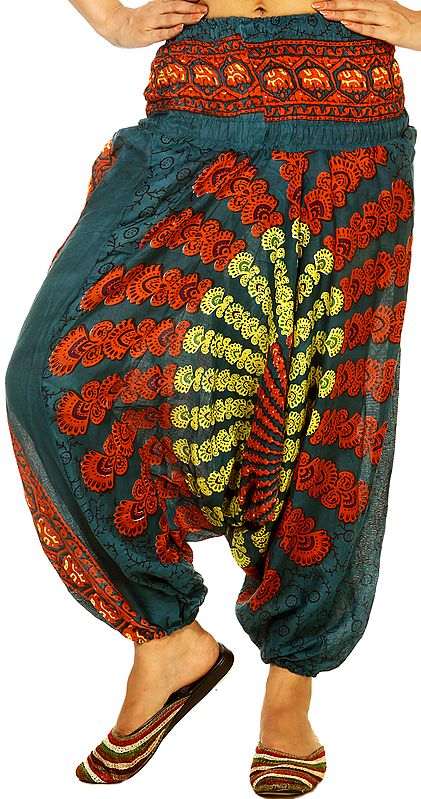 Saxony-Blue Harem Trousers with Printed Motifs