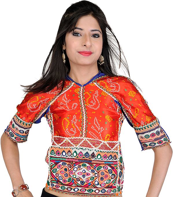 Scarlet Backless Choli From Kutch with Rabari Embroidery and Bandhani Print