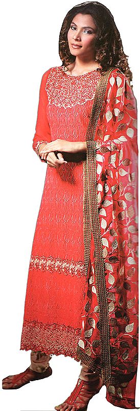 Scarlet Birdal Long Salwar Suit with Embroidered Leaves on Dupatta