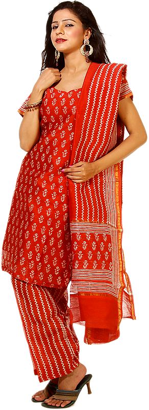 Scarlet Chanderi Block Printed Salwar Suit from Madhya Pradesh