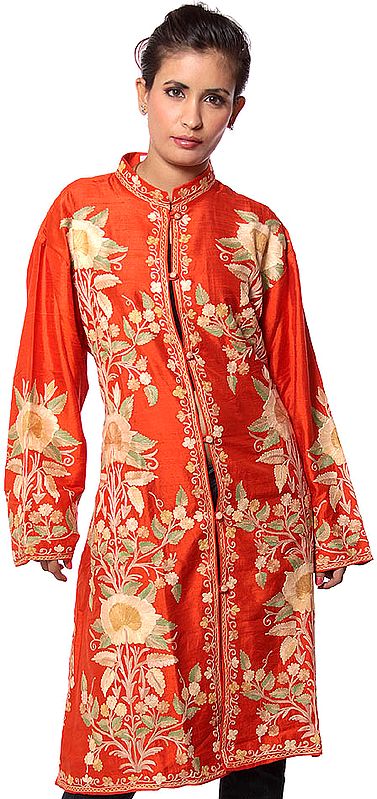 Scarlet Long Silk Jacket with Crewel Embroidered Flowers