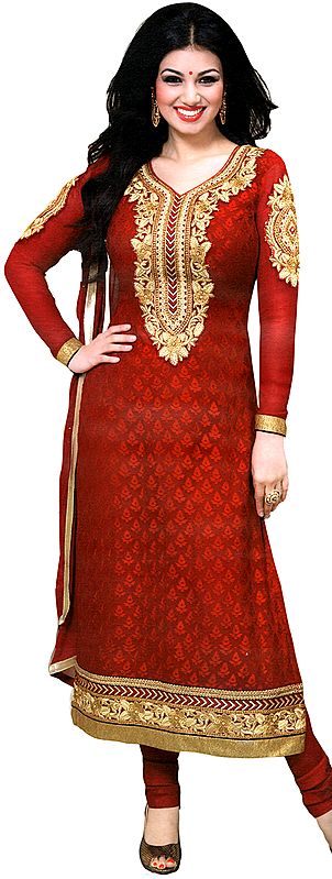 Scarlet-Red Choodidaar Ayesha Suit with Aari Embroidered Flowers on Neck and Woven Bootis