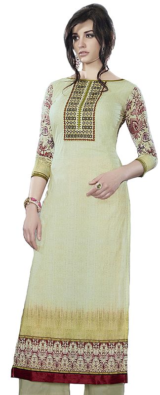 Frozen Dew Digital-Printed Long Kurti with Embroidered Patch on Neck