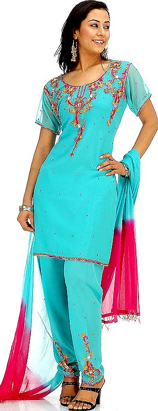 Sea Green Choodidaar Suit with Sequins and Large Crystals