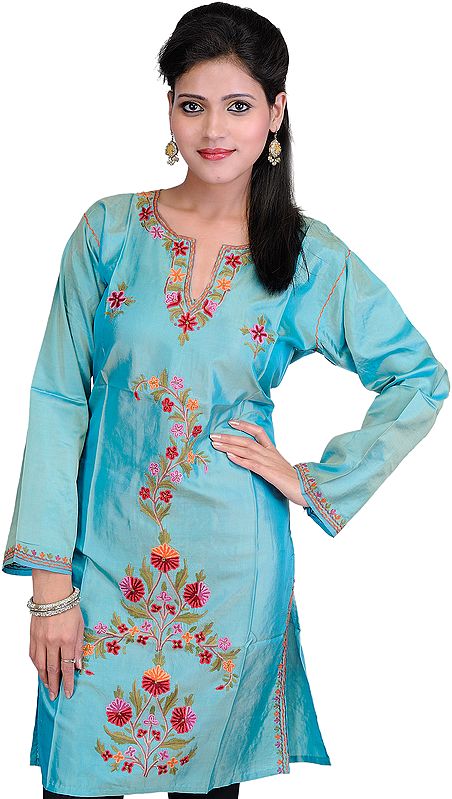 Sea-Blue Kurti from Kashmir with Aari Embroidered Flowers by Hand