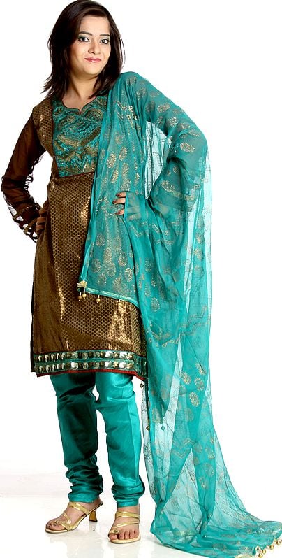 Sea-Green and Brown Churidar Brocaded Suit with Sequins