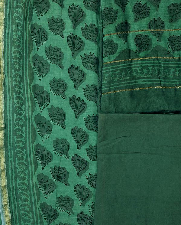 Sea-Green Chanderi Salwar Kameez Fabric with Printed Leaves and Golden Border
