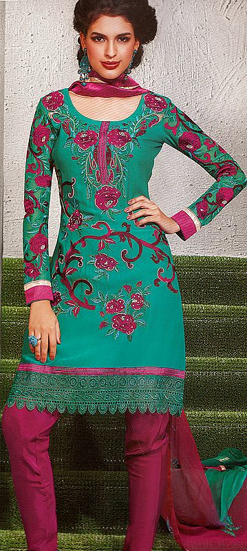 Sea-Green Choodidaar Suit with Aari-Embroidered Flowers, Beads and Crochet Border