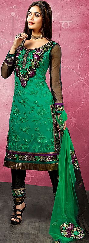 Sea-Green Designer Choodidar Suit with Velvet Applique, Crewel Embroidery and Sequins