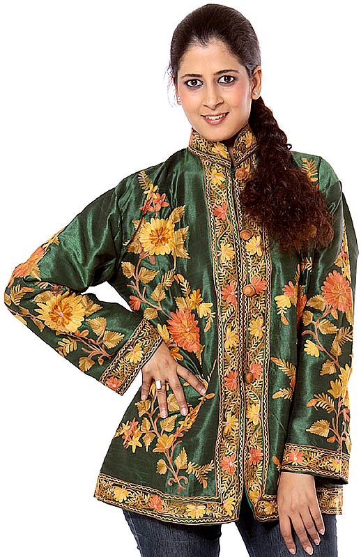 Sea-Green Kashmiri Jacket with Large Flowers