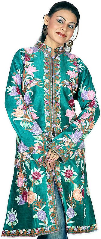 Sea-Green Long Silk Jacket with Large Crewel-Embroidered Flowers