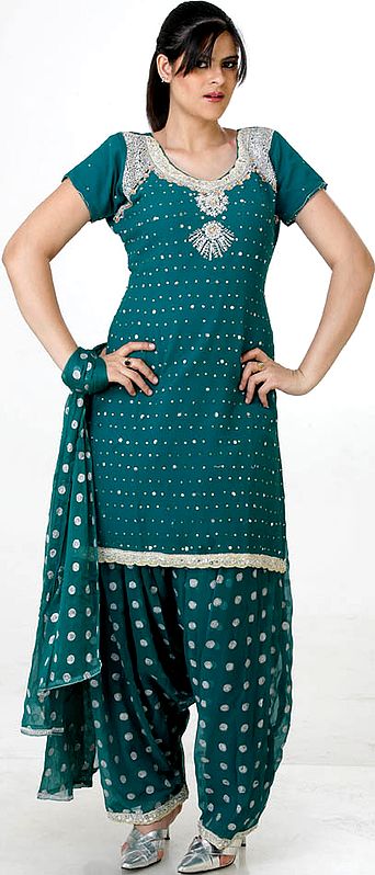 Sea-Green Patiala Salwar Kameez with Beadwork and Embroidery