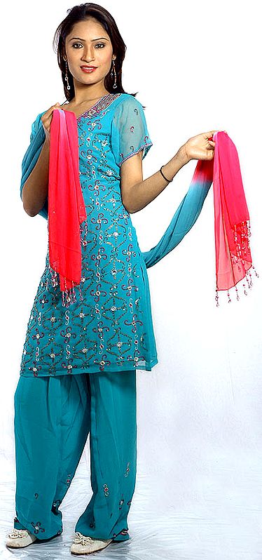 Sea-Green Salwar Kameez Suit with All-Over Sequins and Beads