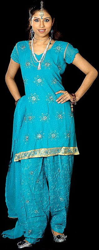 Sea-Green Salwar Kameez with Floral Embroidery and Beads