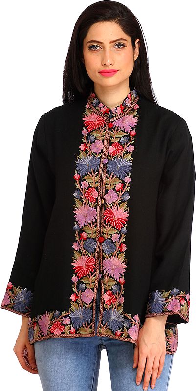 Jet-Black Jacket from Kashmir with Aari Embroidered Flowers