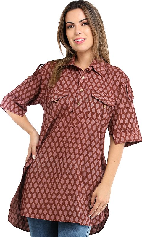 Rose-Brown Summer Tunic Pilkhuwa Shirt with Block Printed Motifs All-Over