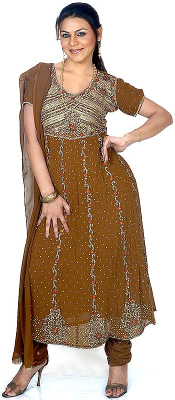 Sepia Anarkali Suit with Antique-Beadwork All-Over