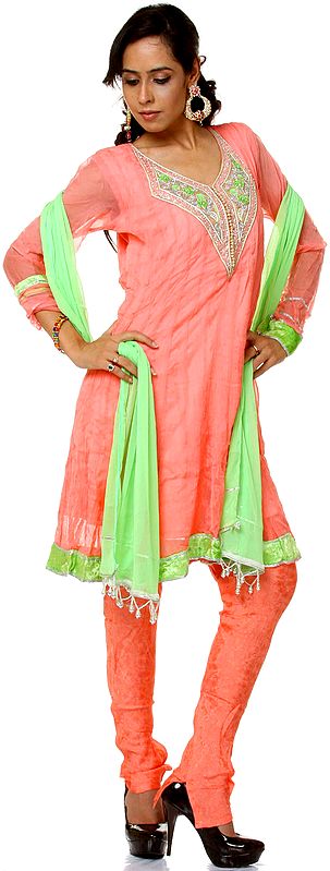 Shell Pink Choddidaar Flair Suit with Beadwork