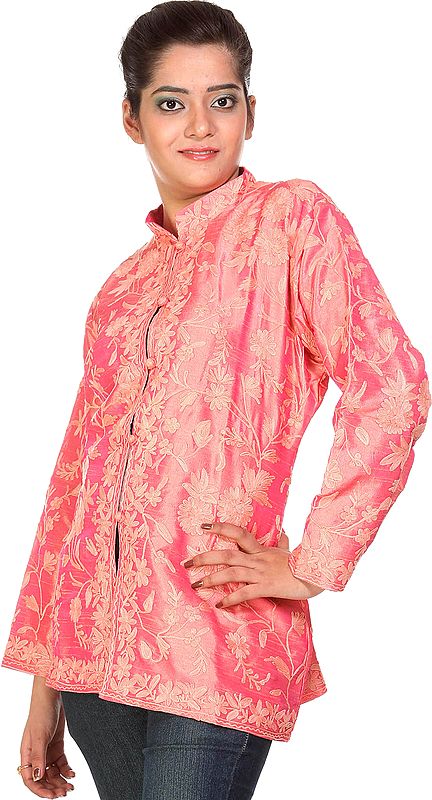 Shell-Pink Jacket from Kashmir with Aari Embroidered Flowers All-Over