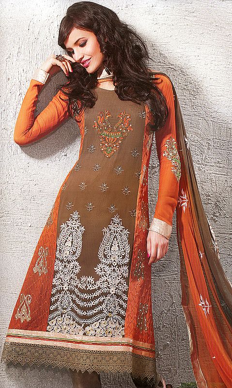 Shitake-Brown and Rust Designer Choodidaar Suit with All-Over Crewel Embroidery and Crochet Border