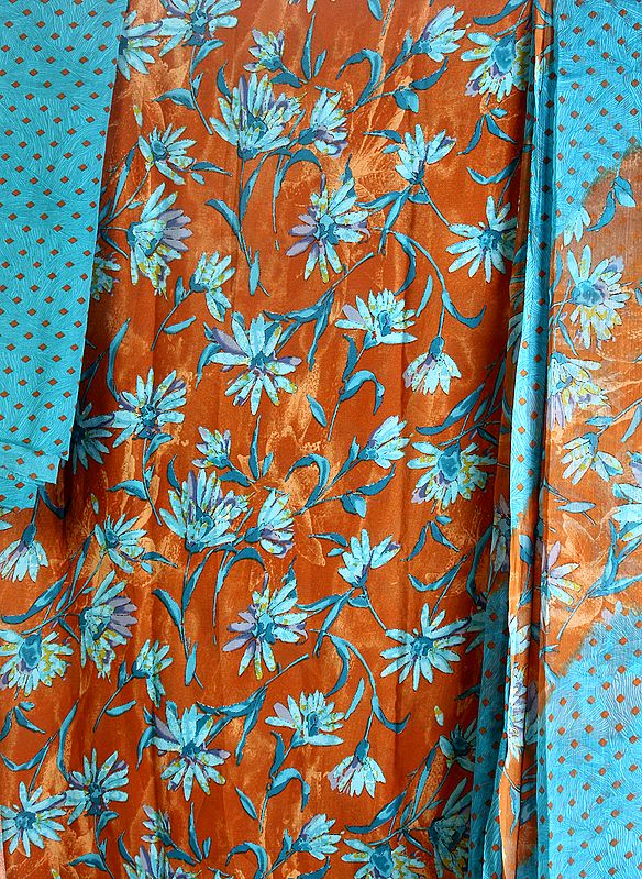 Sierra-Brown and Blue Salwar Kameez Fabric with Printed Flowers All-Over