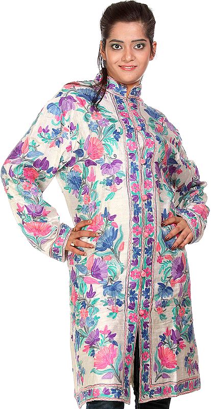 Silver Long Jacket with Floral Embroidery in Multi-Color Thread