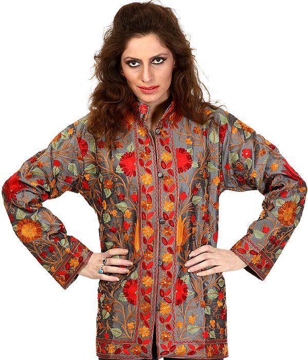 Silver-Gray Kashmiri Jacket with Aari-Embroidered Flowers All-Over