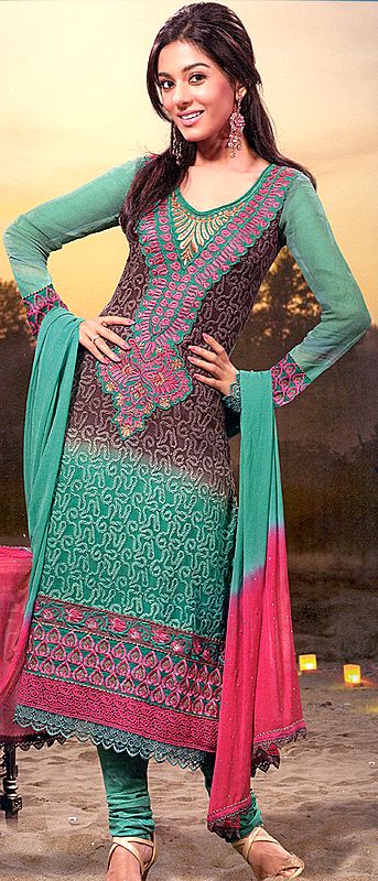 Simply-Green Choodidaar Kameez Suit with Self-Colored Embroidery and Crochet Border