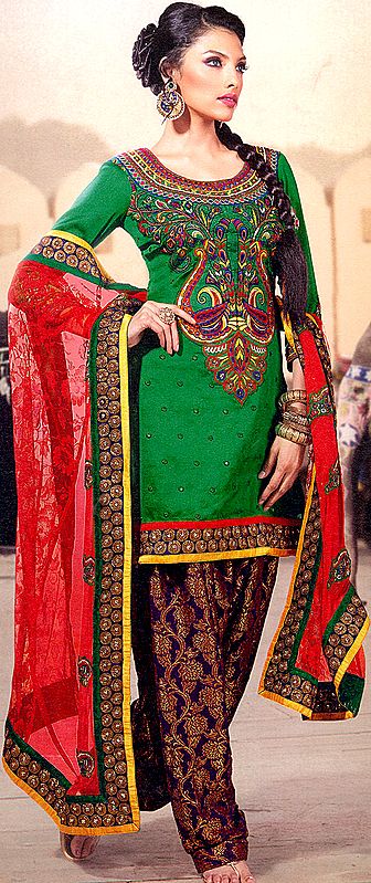 Simply-Green Salwar Kameez with Multi-Color Thread Embroidery on Neck and Sequined Patch Border