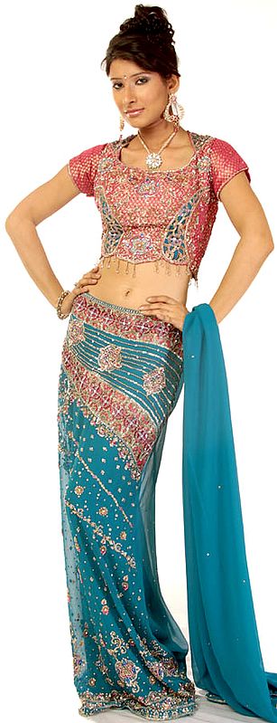 Turquoise and Pink Straight-Cut Lehenga Choli with Beadwork and Sequins All-Over
