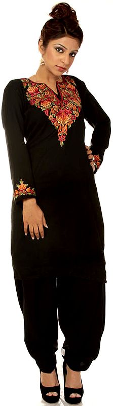 Black Two-Piece Kashmiri Salwar Kameez with Aari Embroidery by Hand