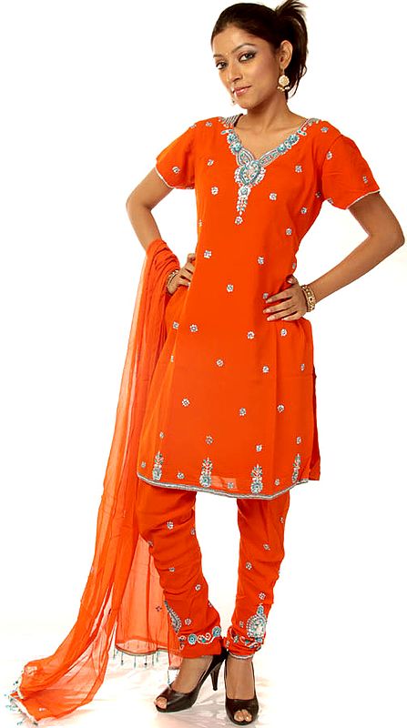 Orange Salwar Kameez Suit Beadwork and Sequins