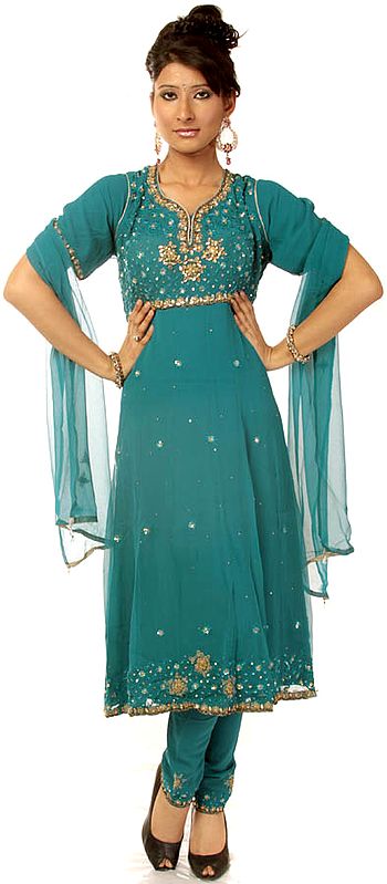 Larkspur-Blue Anarkali Suit with Embroidered Beads and Sequins