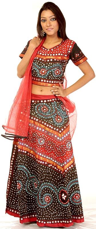 Black and Red Lehenga Choli from Gujarat with Large Sequins and Embroidery